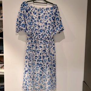 LK Bennet Dr Marnie blue/white patterned silk dress with an off shoulder design